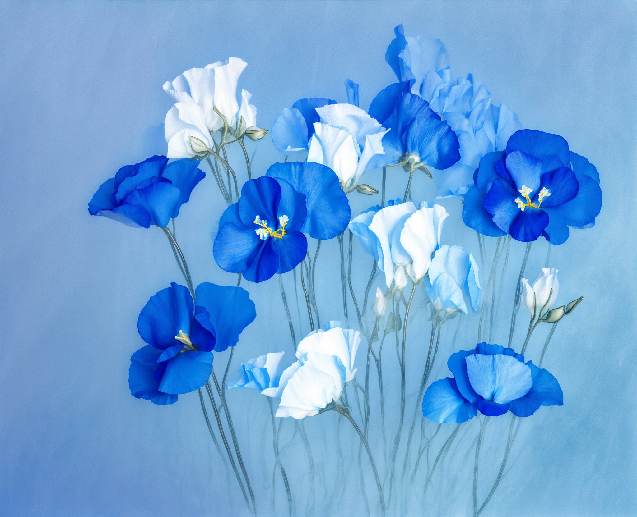 00456-1640938795-there are blue flowers in a vase on a table, blue - petals, blue flowers, blue wall, mediumslateblue flowers, smeared flowers, b.jpg